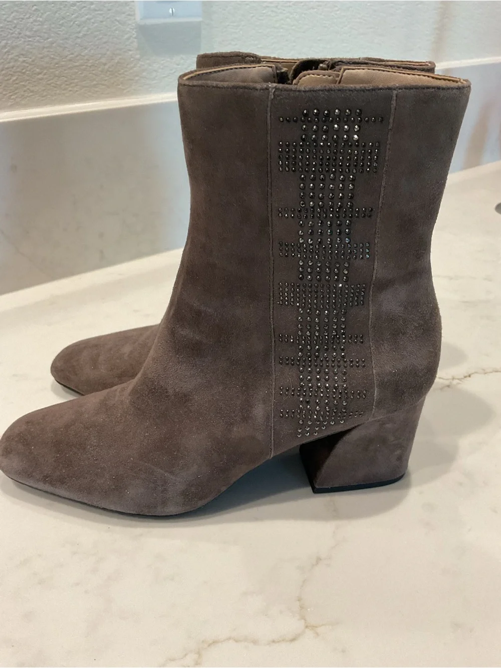 Donald J. Pliner Greta Taupe Suede Studded Ankle Boots